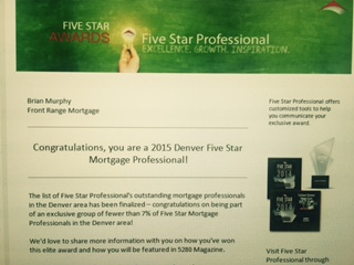 Brian & The Front Range Mortgage Team recognized by the Five Star Professional organization as a 2015 award recipient – Denver 5-Star Mortgage Professional.